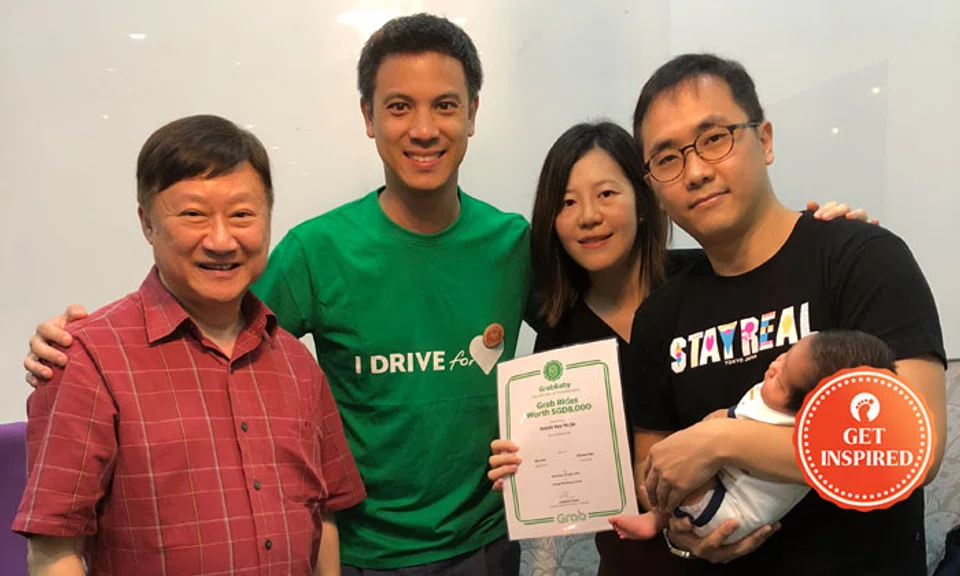 (Left to right): Grab driver Mr Yeong, Andrew Chan (Head of Transport, Grab Singapore), Ida Nee and Shawn Yeo with baby Isaiah.