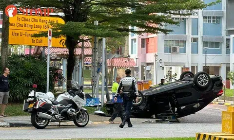Woman, 54, taken to hospital after her car turns turtle in Choa Chu Kang