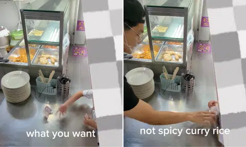 Stall owner gently tells off primary school boy who throws money while ordering food