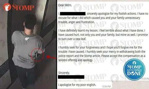 Left: The Uber Eats deliveryman was caught stealing a parcel at Dunearn Suites. Right: His apology to the parcel owner, Stomper Binary 0018.