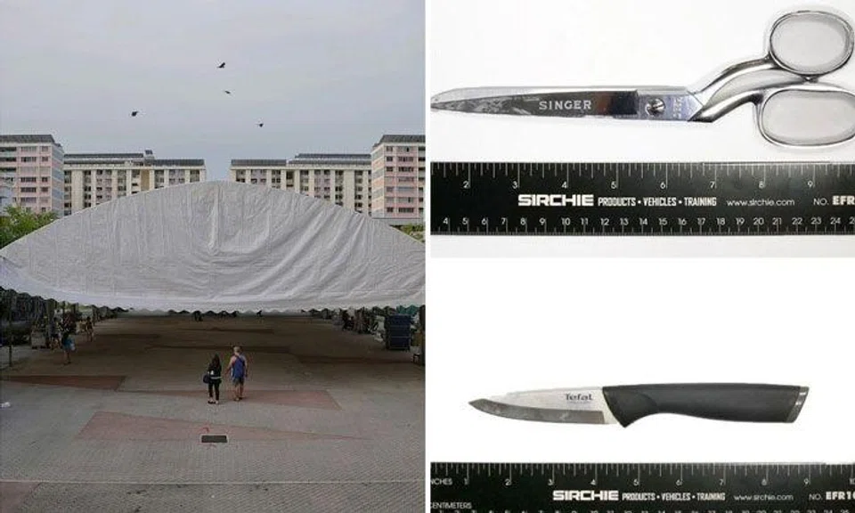 The teenager planned to stab people at an open area near Tampines West Community Centre using scissors or a kitchen knife. PHOTOS: KEVIN LIM, ISD