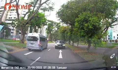 The dash cam footage shows the Stomper and a van driving along a two-lane one-way road before coming to a stop when a car emerged from the left and turned towards the Stomper.