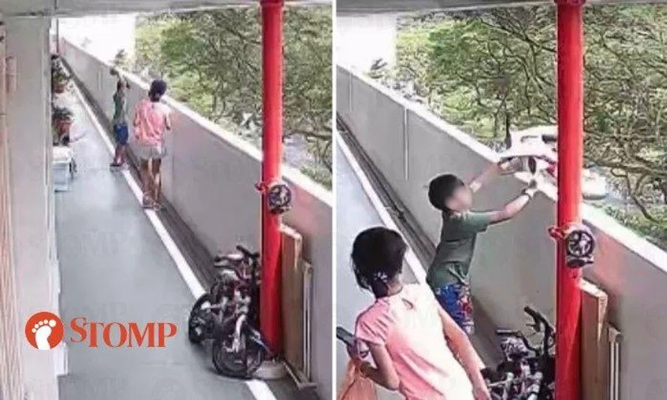 A boy was caught on video throwing a rock and a bicycle from the corridor of an Ang Mo Kio HDB block.
