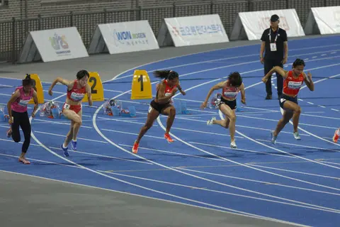 Singapore’s Shanti Pereira (third from left) on her way to winning a silver medal in the women's 100m final at the Asian Athletics Championships in South Korea on May 28.