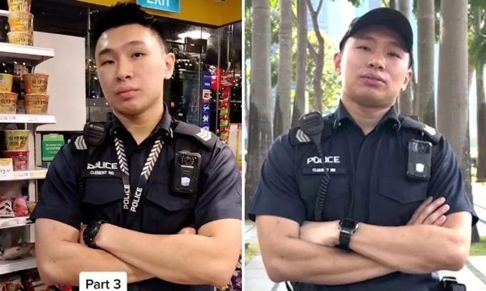 Sgt Clement Ng reenacting his famous arm-crossed pose from the viral videos.