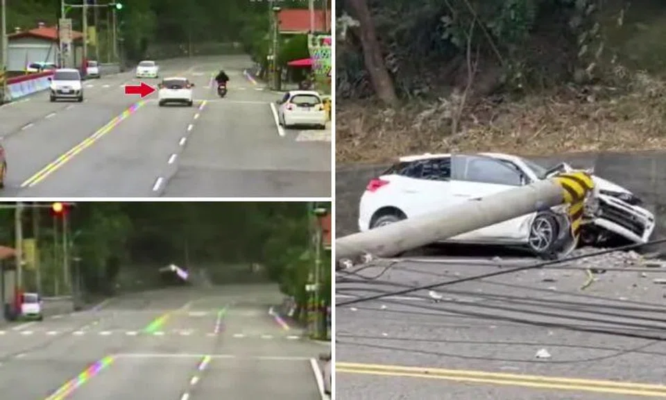 Video shows S'porean man crashing car into electrical pole on Taiwan highway, killing wife
