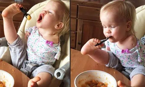 Inspirational toddler born without arms learns how to feed herself with her feet