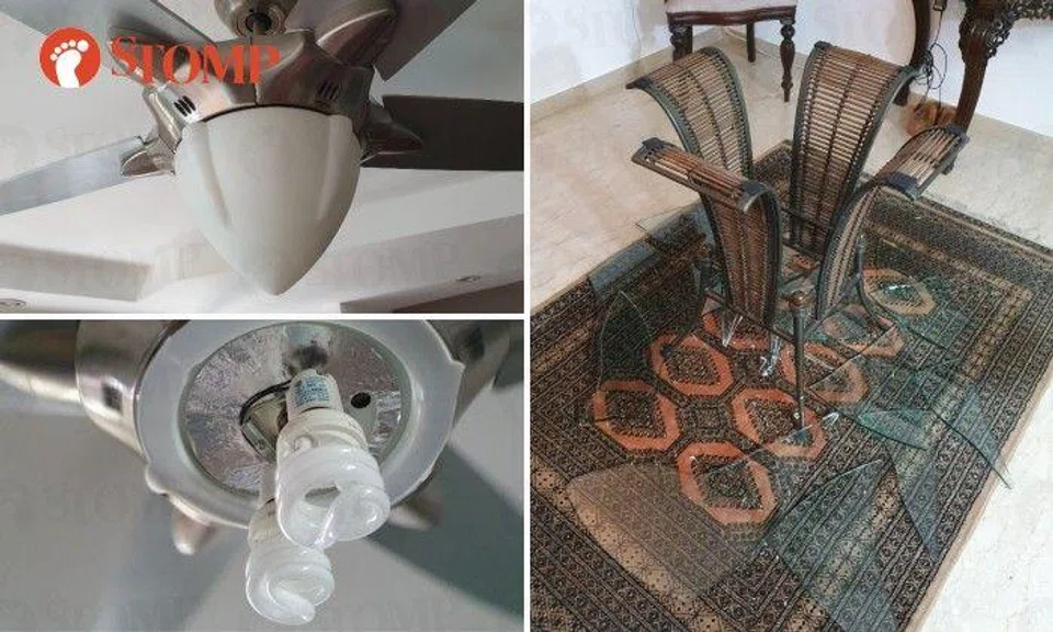 Sharing photos of the fan and broken pieces of the glass table top, Stomper El Mesa said he had bought the fan from Elmark Marketing a number of years ago.
