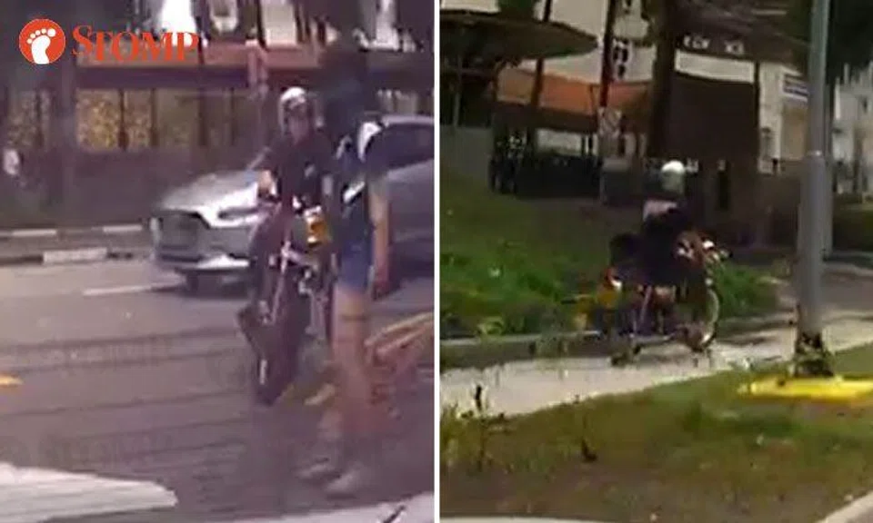 Motorcyclist almost hits pedestrian while riding on pavement to enter Holland Close carpark