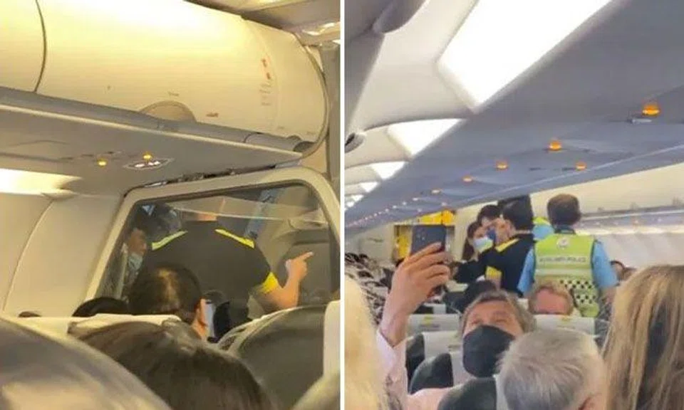 Auxiliary police were seen boarding the plane after it landed to escort several passengers out. PHOTOS: SCREENSHOT FROM AUDIKHALID/TIKTOK