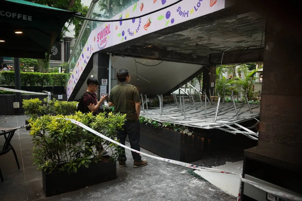 A police cordon had been put up around a collapsed structure at Liat Towers in Orchard Road. Police officers were seen walking around the area.
