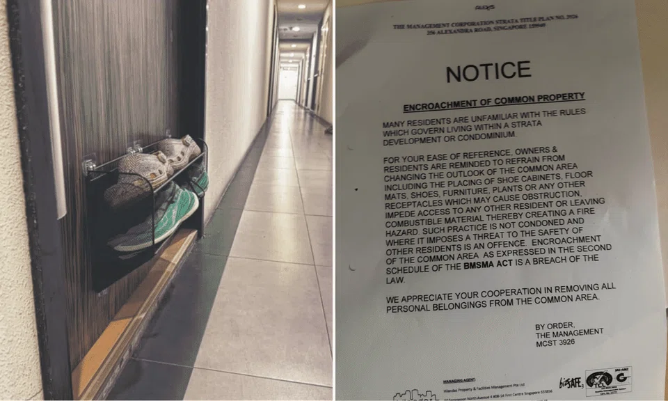 Residents said that the management company prohibits shoes, shoe racks, and floor mats from being placed in the corridor. 