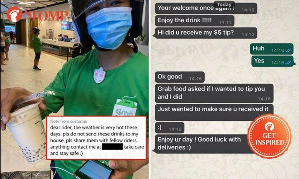 GrabFood customer treats delivery riders to drinks that she ordered -- and even gives $5 tip