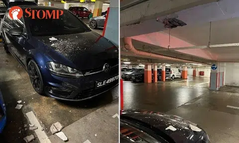 Driver at a loss after Volkswagen gets damaged by spalling concrete at Tekka Centre carpark