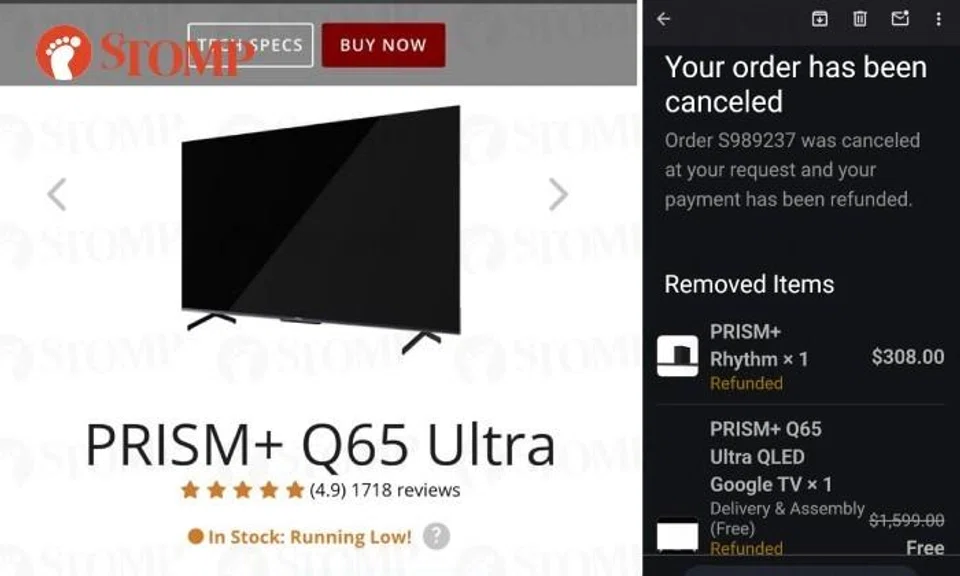 Man pays only $308 for 65" QLED TV with soundbar: Prism+ cancels order, citing 'system error'