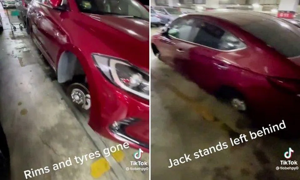 TikTokker TioBehPyo posted a video of the wheelless red Hyundai Elantra on Saturday (July 9).