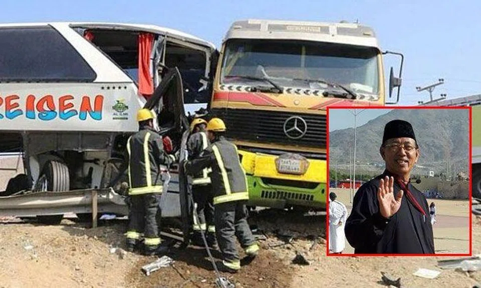 Haji Mohammad Abu Bakar Osman (inset) was killed in a bus accident in Mecca while on a minor pilgrimage (umrah). PHOTOS: ABU BAKAR TRAVEL SERVICES PTE LTD/FACEBOOK, BERITA HARIAN READER