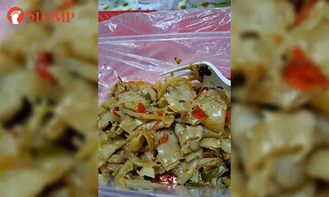 Customer disappointed after paying $8.20 for basil chicken hor fun that was missing chicken