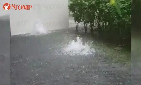 Resident fascinated by 'mini fountains' at Fernvale Rivergrove during heavy rain