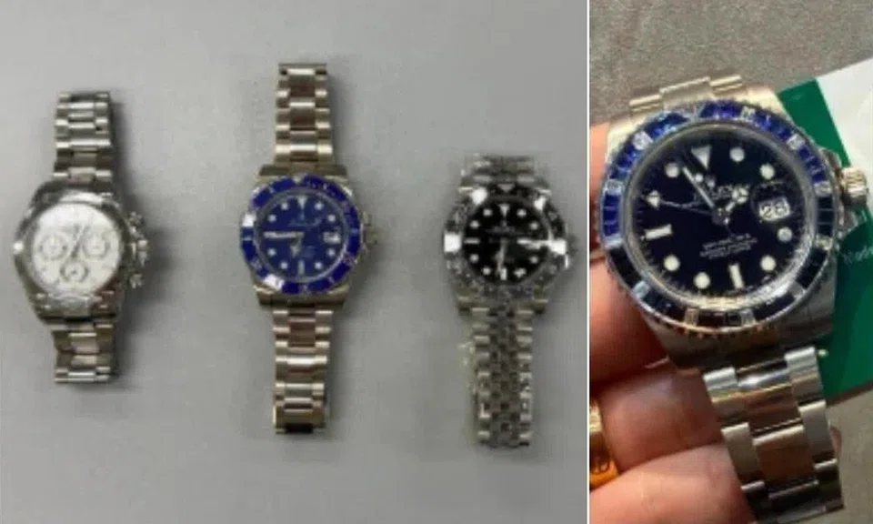 Italian national Singh Deepak tried to cheat a retailer by exchanging his purportedly counterfeit Rolex GMT Saru (right) with three genuine Rolex timepieces (left).