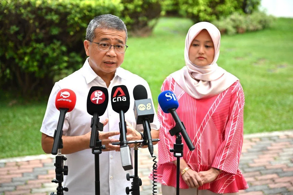 Law Minister Edwin Tong and Minister of State for Digital Development and Information, and Health Rahayu Mahzam giving a media doorstop at the Siglap South Community Centre on Aug 31.