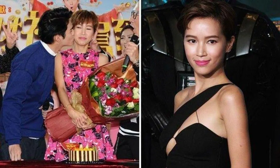 Left: Kelly Fu receiving a kiss from Matthew Ho for her birthday. Right: Kelly Fu