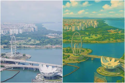 An original photo and an AI-generated “Ghibli-style” photo of the Singapore Flyer and ArtScience Museum.
