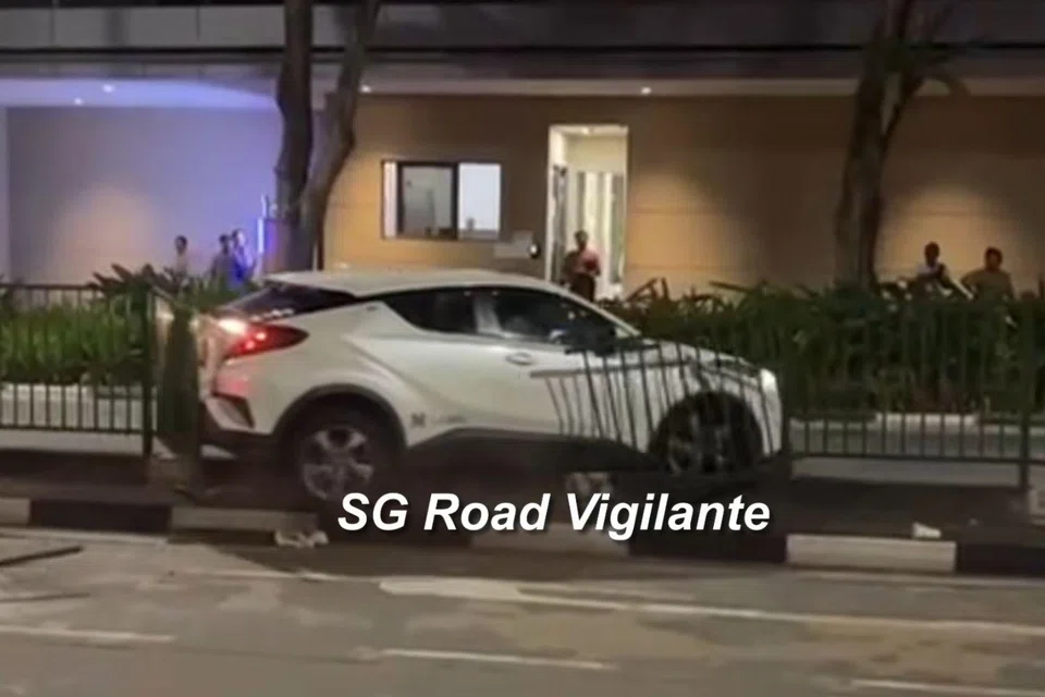 The video shows the car knocking over guardrails, reversing onto the opposite side of the road, and mounting the pavement. 