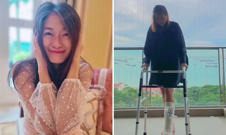 Carole Lin shared on social media on March 9 a video of herself using a walking frame with her left foot bandaged. PHOTOS: CAROLELINXIAOPEI/INSTAGRAM