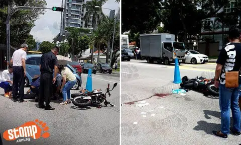 Trail of blood on Tanjong Katong Rd after accident involving van and motorcycle that left biker unconscious