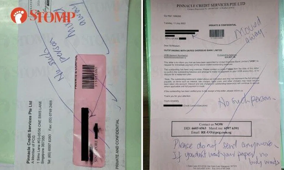 Stomper Ng shared a copy of a letter from Pinnacle Credit Service, which said that the company had been appointed by United Overseas Bank (UOB) to request payment for an outstanding balance of $33,872.26.