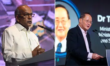 Home Affairs Minister K. Shanmugam (left) and Manpower Minister Tan See Leng were each awarded $230,000 in damages by the High Court on July 14.