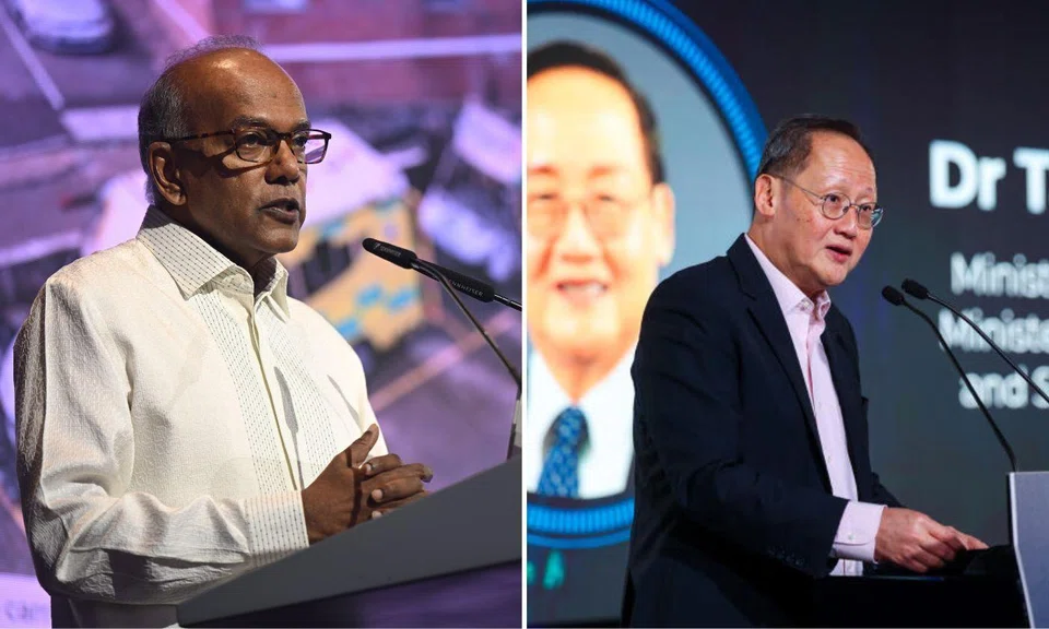 Home Affairs Minister K. Shanmugam (left) and Manpower Minister Tan See Leng were each awarded $230,000 in damages by the High Court on July 14.