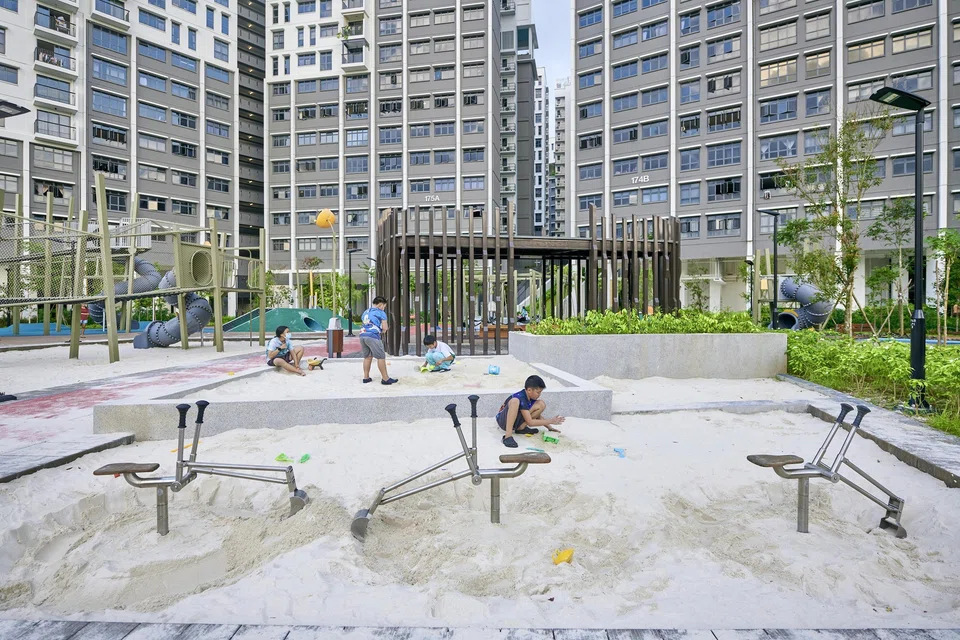 Sengkang’s Bird’s Tower playground features spacious sandpits equipped with mini “excavators”.