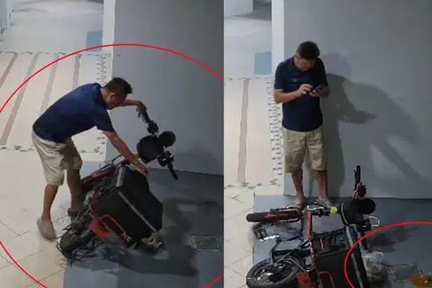 The rider was caught on CCTV allegedly faking an accident to get a free meal.