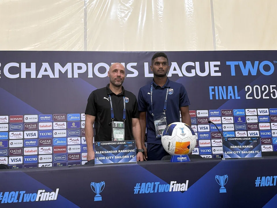 Sailors head coach Aleksandar Rankovic and captain Hariss Harun at the pre-match press conference on May 17.
