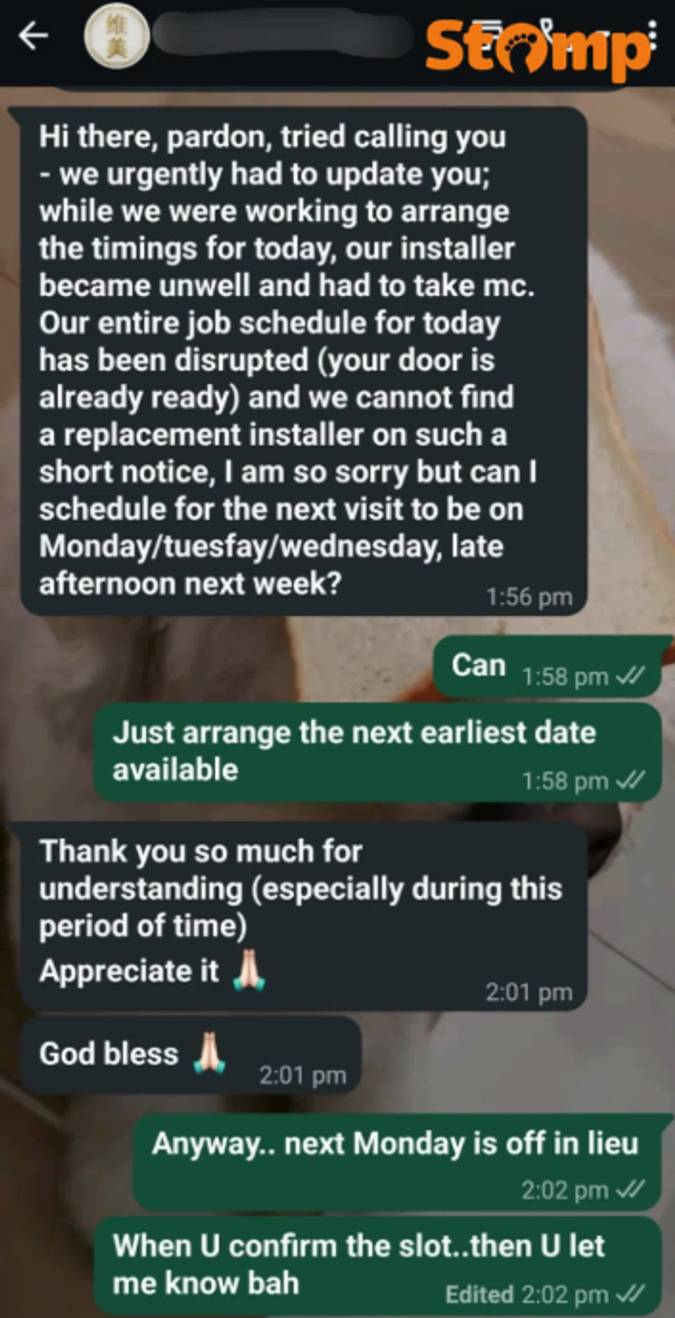 Screenshots of WhatsApp chat with WM Metalogy Works Pte Ltd