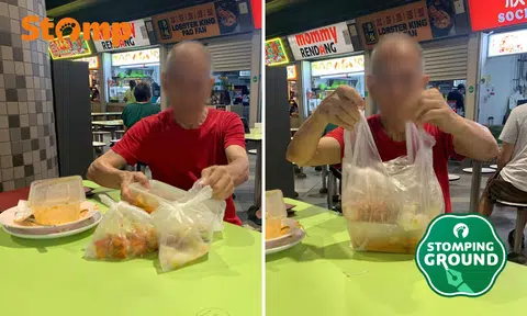 Man collects leftovers at Tampines hawker centre