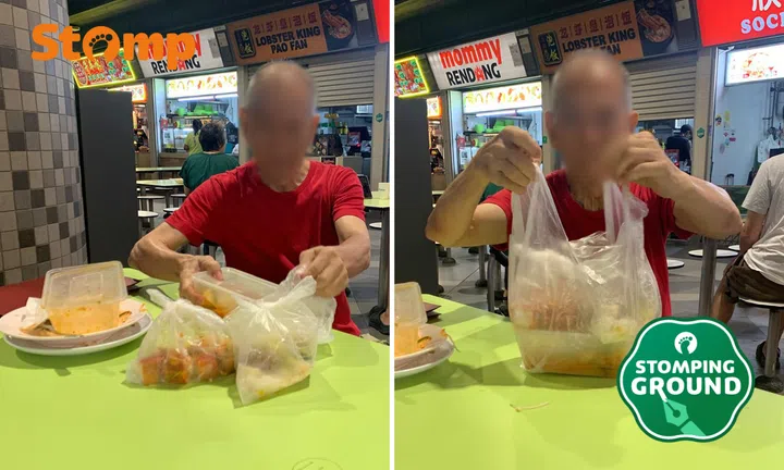 Man collects leftovers at Tampines hawker centre