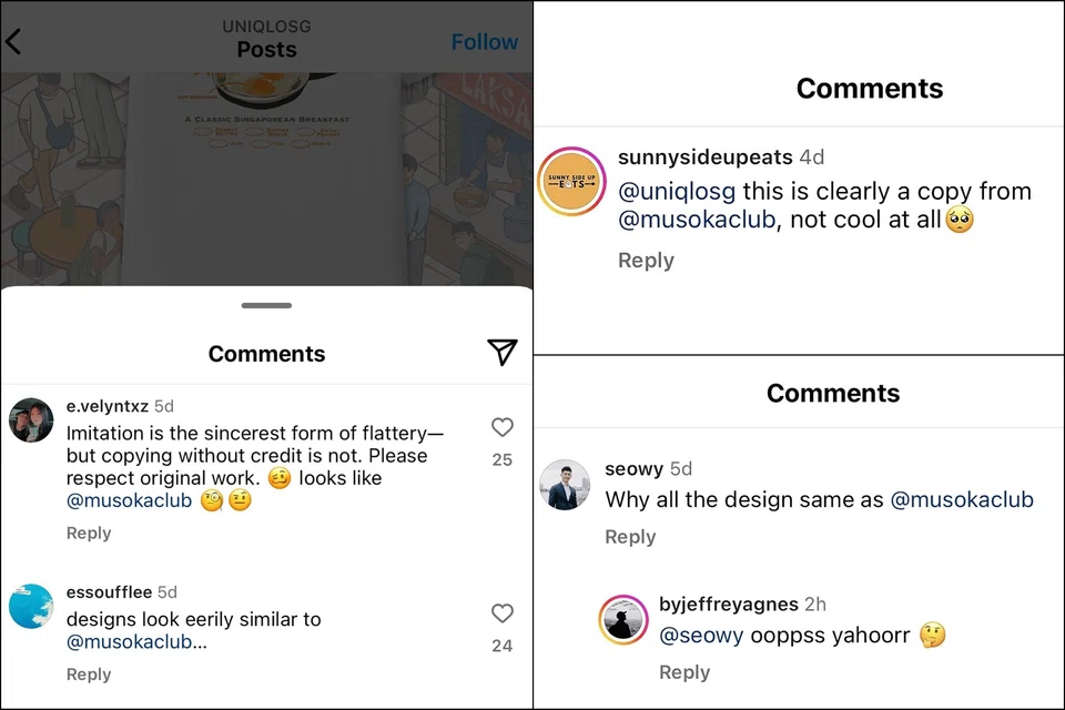 Screenshots of comments defending Musoka Club on Uniqlo's Instagram.