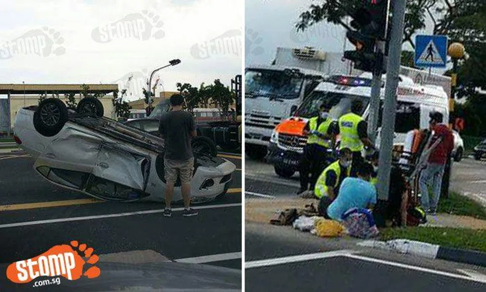 3 injured after Mitsubishi turns turtle in accident with taxi at junction of Xilin Ave and Changi South Ave 1