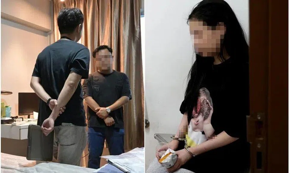 An ICA officer interviewing a man (left) suspected of being in a sham marriage during a raid on Dec 11, 2024. A Vietnamese woman suspected of being in a sham marriage was also arrested.