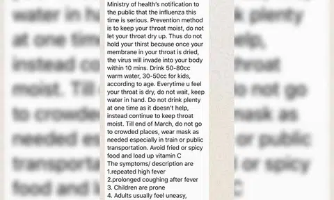 Ciculated message about 'MOH advice' on how not to catch influenza is a hoax