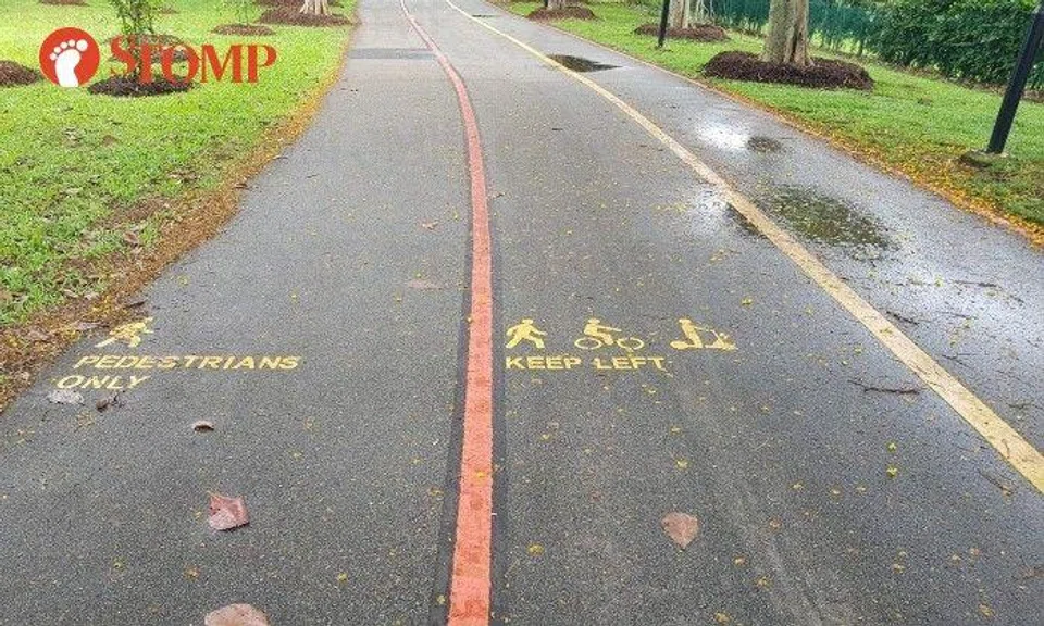 Stomper: "I saw these on the tracks in East Cost Park. I assume they are to remind pedestrians, cyclists and scooters to keep left.'