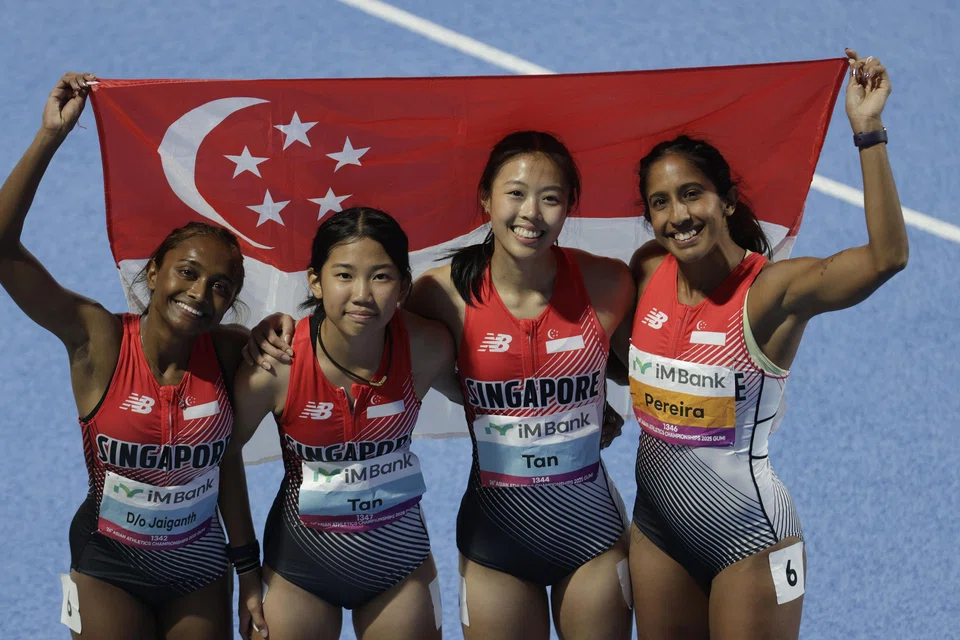 (From left) Laavinia Jaiganth, Shannon Tan, Elizabeth-Ann Tan and Shanti Pereira set a new mark of 44.66sec in the women’s 4x100m relay.