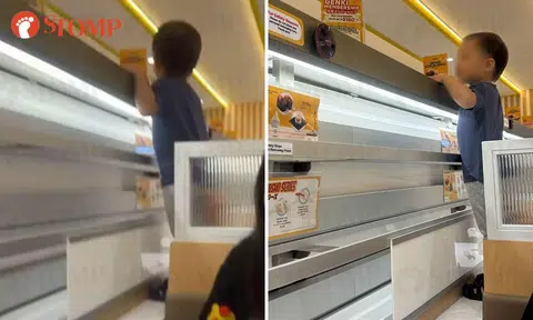 toddler stands on table at genki sushi tampines