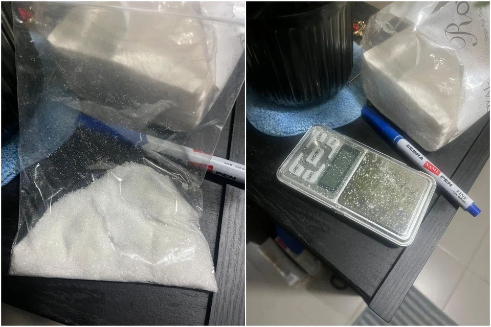 Etomidate in its powder form (left), and a weighing scale (right), were among the items found in Akil’s home. He was allegedly manufacturing vape pods containing etomidate with the intent to sell them. PHOTOS: HSA
