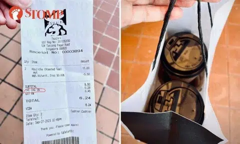 She shared a photo of the receipt, which showed the price of the two drinks was $5.50 after a 50 per cent discount. There was also an additional 5 per cent service charge of 28 cents and 8 per cent GST of 46 cents, bringing the total to $6.24.