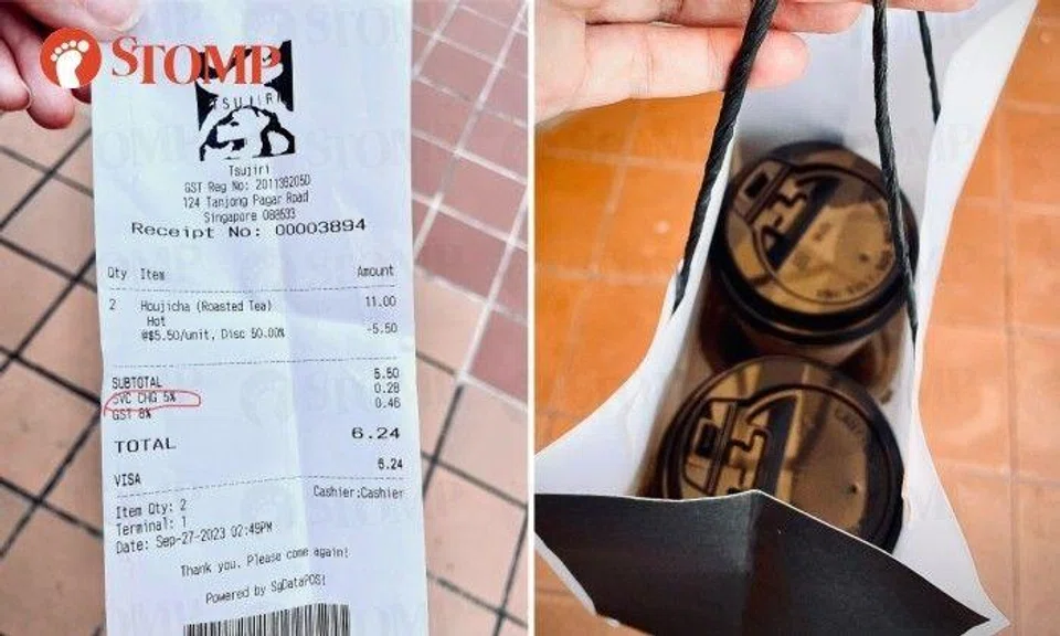 She shared a photo of the receipt, which showed the price of the two drinks was $5.50 after a 50 per cent discount. There was also an additional 5 per cent service charge of 28 cents and 8 per cent GST of 46 cents, bringing the total to $6.24.