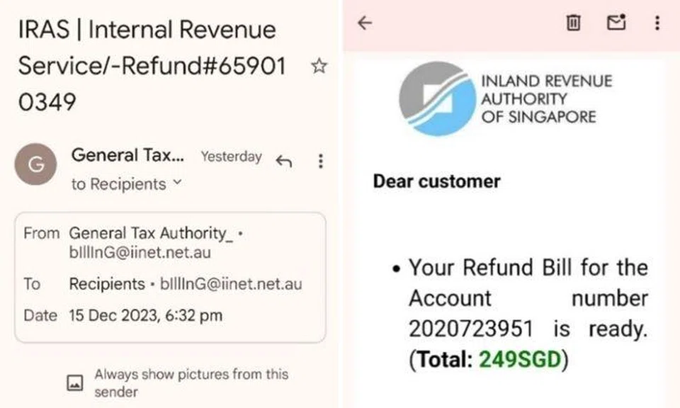 The victims would receive unsolicited emails from scammers purportedly from “Iras”, informing them that they are eligible for refunds due to prior overcharging of payments.